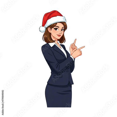 Business Woman Wearing Santa Hat Pointing Sideways Christmas Office Illustration