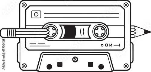 Audio cassette tape pencil drawing vintage engraving style analog technology outline black white line art illustration.