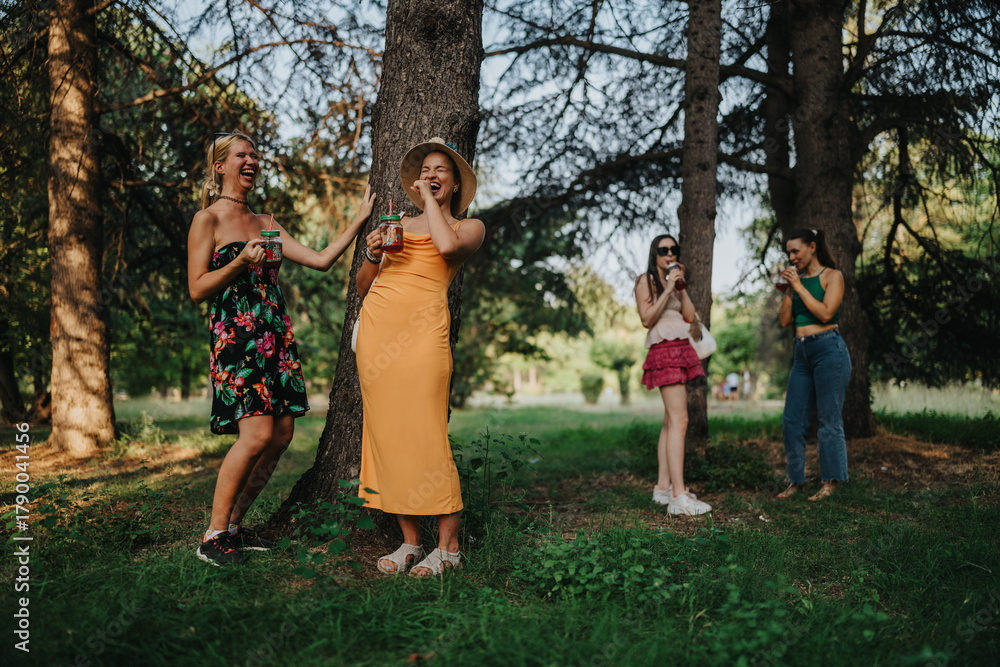 Fototapeta premium A group of four women share a playful moment in a park, drinking from jars and laughing. The scene captures friendship, outdoor relaxation, and summer vibes among trees and green grass.