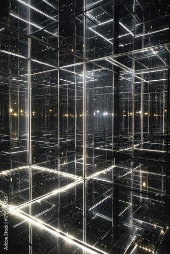 Wallpaper Mural Vast hall with mirrored walls forming endless reflections, glowing columns, soft LED lights, architectural design Torontodigital.ca