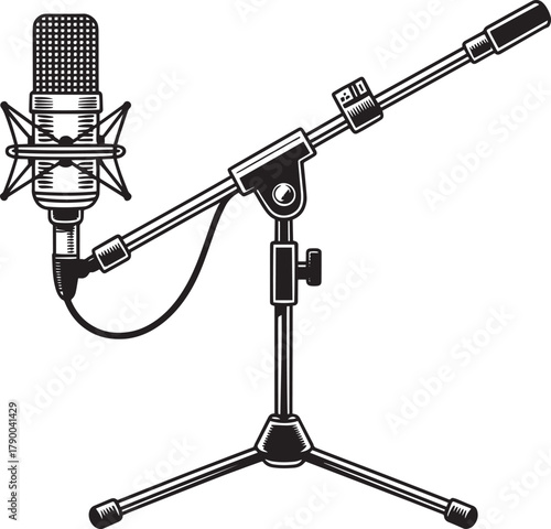 Black and white illustration of condenser studio microphone with shock mount on boom stand