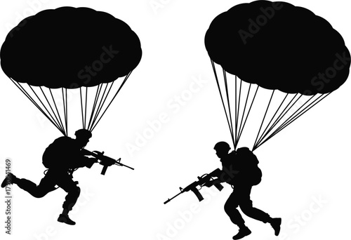 Silhouettes of Two Military Paratroopers Descending with Rifles and Open Parachutes, Illustrating Air Assault Operation and Special Forces Deployment