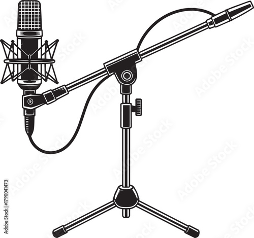 Black and white monochrome illustration of large diaphragm condenser mic on adjustable studio stand