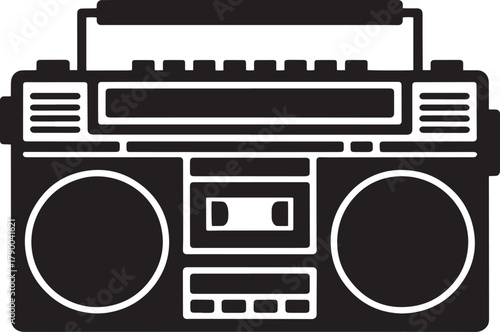 Black and white silhouette of vintage boombox portable radio cassette player recorder illustration design