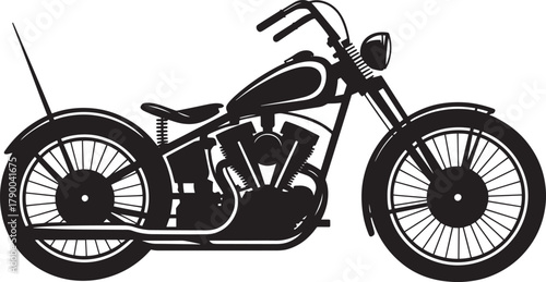 Black silhouette of a vintage styled cruiser motorbike graphic on transparent background suitable for designs now.
