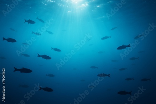 Wallpaper Mural Silhouettes of fish swimming in deep blue ocean with sunlight streaming through water surface creating a peaceful underwater scene background concept. Ai generative Torontodigital.ca