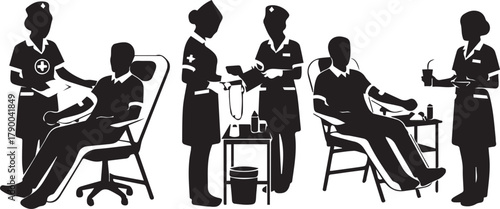 Medical professionals performing blood donation procedures with donors seated in chairs silhouette