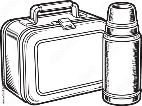 Classic metal lunch box and insulated drink thermos vintage engraved illustration style black white line art vector