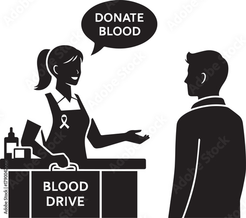 Woman in silhouette invites man to donate blood at a blood drive event