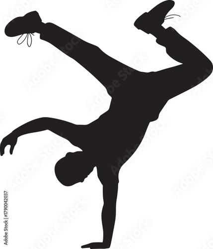Dynamic silhouette breakdancer performer illustration street dance freeze acrobatic pose action figure