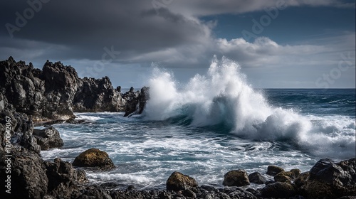 Fototapeta Naklejka Na Ścianę i Meble -  Dramatic wave crashing on dark volcanic rocks with foamy white spray against the turbulent sea