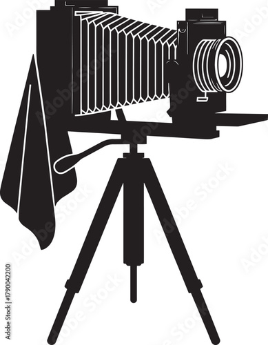 Large format bellows camera silhouette vector illustration on tripod equipment for photography