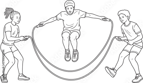 Line art illustration of three young people playing double dutch jumping rope together