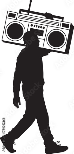 Man silhouette walking carrying large boombox on shoulder urban street culture lifestyle vector graphic