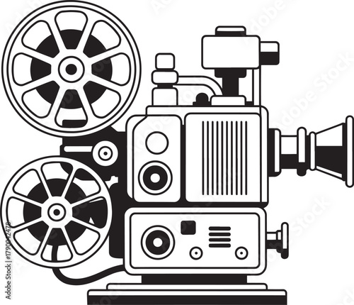 Old-fashioned film projection apparatus technology outline illustration isolated on transparent background sketch icon