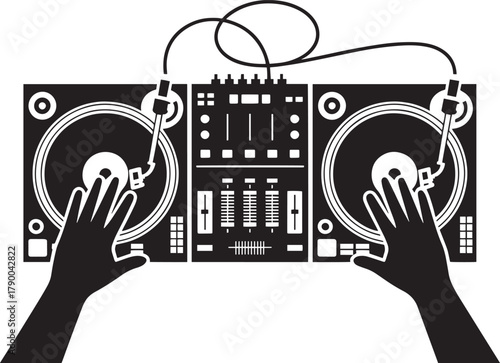 Silhouette of dj hands scratching vinyl records on professional twin turntable mixer setup