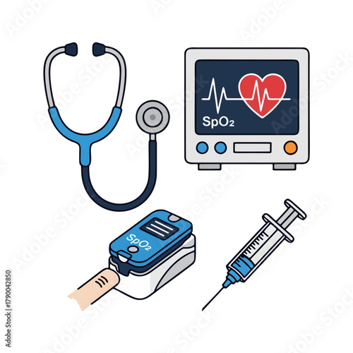 Illustration of medical equipment including a stethoscope, heart monitor, pulse oximeter on a finger, and a syringe with needle.