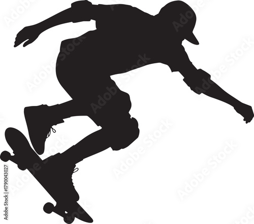 Skateboarder silhouette executing jump trick dynamic action youth sport extreme urban recreation illustration vector