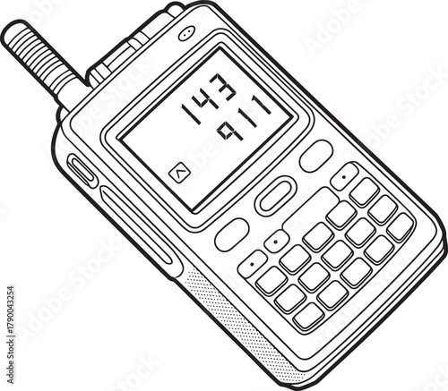 Vector line art illustration of a professional handheld walkie talkie radio transceiver device