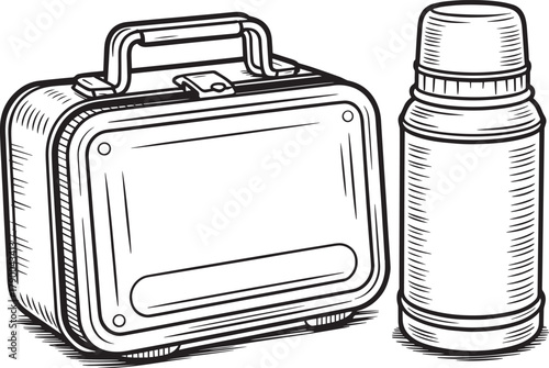 Vintage lunch box with insulated drink bottle black and white outline drawing classic engraving style vector illustration.
