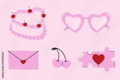 Set of romantic elements. Pink retro stickers. Valentine's Day concept.