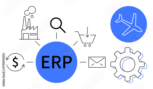 ERP system with icons for industry, shopping, flight, currency, gear, magnifying glass, email. Ideal for business management operations logistics strategy software automation. Simple flat