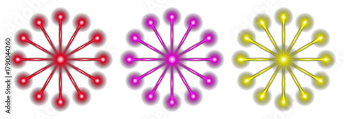 Colorful Glowing Circular Light Pattern with Red Pink Yellow Neon Dots on Black Abstract Background