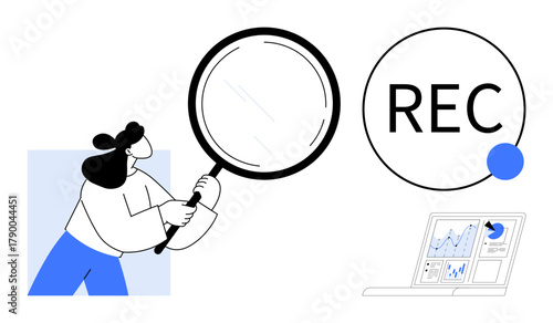 Woman holds magnifying glass near REC indicator and laptop displaying charts. Ideal for research, analysis, data recording, focus, insights, investigation, and auditing. A simple flat metaphor
