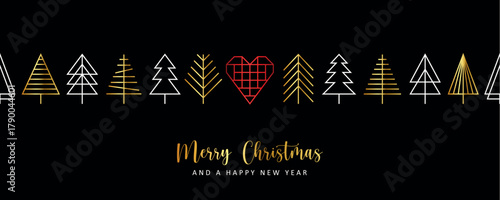 christmas greeting card with minimalistic fir tree seamless border vector illustration