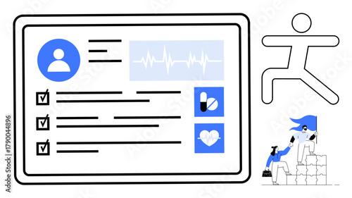 Digital health dashboard displaying user info, heart rate monitor, checklist, fitness, medication, and wellness icons. Ideal for healthcare, fitness, wellbeing technology productivity monitoring