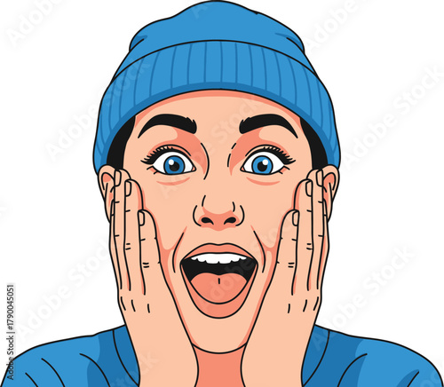A woman with a surprised expression is holding her face in her hands, conveying a sense of shock and disbelief the vibrant colors and cartoonish style add to the exaggerated nature of the image, sugge