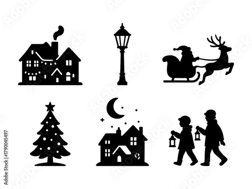 Christmas village silhouettes, winter street scenes