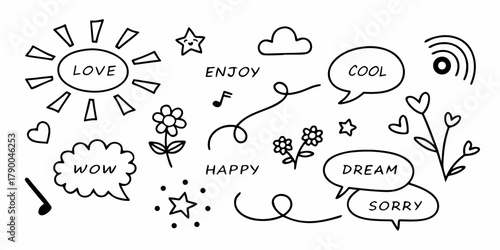 Black-and-white doodle collection with expressive words, cute symbols, hearts, stars, suns, notes, arrows, clouds, and fun decorative shapes. Clean vector line illustration for creative projects.