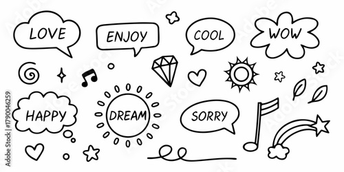 Black-and-white doodle collection with expressive words, cute symbols, hearts, stars, suns, notes, arrows, clouds, and fun decorative shapes. Clean vector line illustration for creative projects.