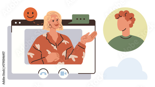 Woman speaking during video call with smiling participant avatar, chat bubbles, and friendly cloud backdrop. Ideal for virtual meeting, teamwork, online education, remote work, communication