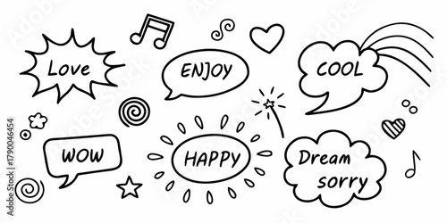 Black-and-white doodle collection with expressive words, cute symbols, hearts, stars, suns, notes, arrows, clouds, and fun decorative shapes. Clean vector line illustration for creative projects.