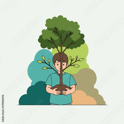 Boy holding young tree with eco concept text against nature background