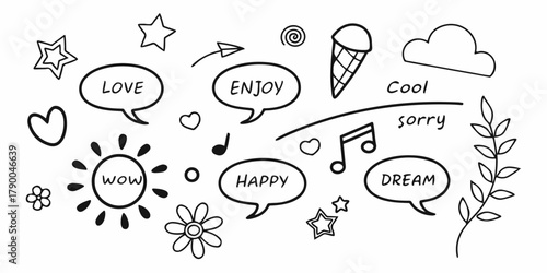 Black-and-white doodle collection with expressive words, cute symbols, hearts, stars, suns, notes, arrows, clouds, and fun decorative shapes. Clean vector line illustration for creative projects.