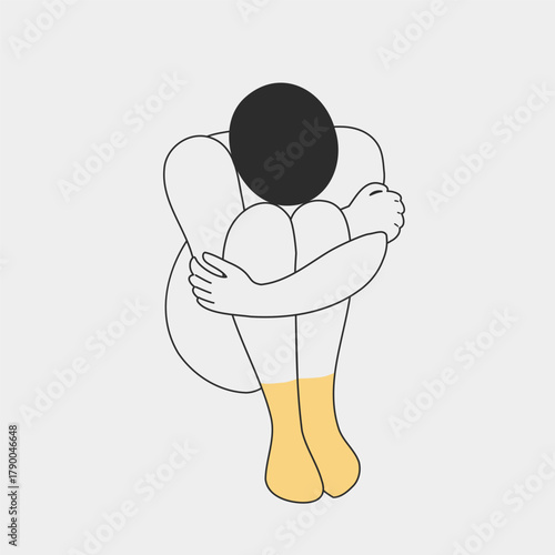 Minimalist flat vector illustration of sad depressed girl hugging knees with head down. Mental health concept, anxiety and psychological disorder.