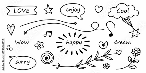 Black-and-white doodle collection with expressive words, cute symbols, hearts, stars, suns, notes, arrows, clouds, and fun decorative shapes. Clean vector line illustration for creative projects.