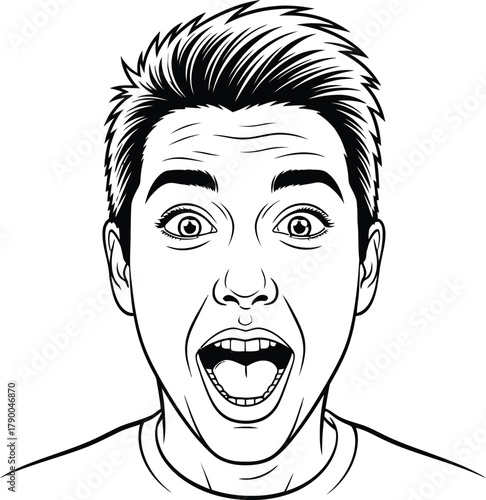 A young man with a surprised expression is exclaiming in excitement, his eyes wide and mouth open in amazement