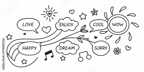 Black-and-white doodle collection with expressive words, cute symbols, hearts, stars, suns, notes, arrows, clouds, and fun decorative shapes. Clean vector line illustration for creative projects.