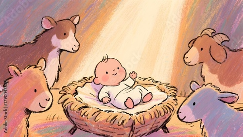 A tender illustration depicting various farm animals gently gathered around the Baby Jesus in the manger, conveying a sense of innocent adoration and peace in the Nativity scene.