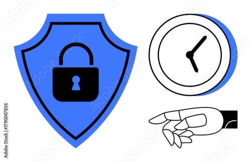 Blue shield with padlock, clock showing time, robotic hand suggesting technology control. Ideal for cybersecurity, time management, automation, privacy, security future tech innovation. Simple flat