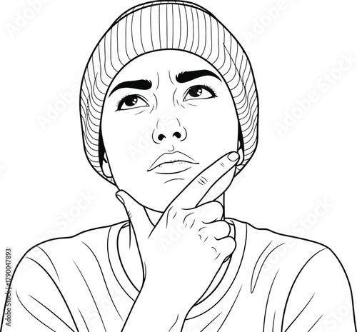 A thoughtful person in a beanie looking up with a finger on their chin, they are contemplating and considering options with a pensive expression