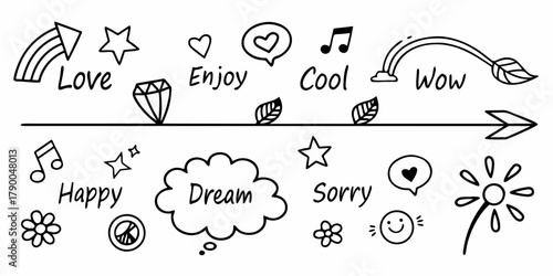 Playful hand-drawn doodle set featuring speech bubbles, words, hearts, stars, sun icons, music notes, arrows, and decorative line art. Minimal black-and-white vector illustration for creative design.