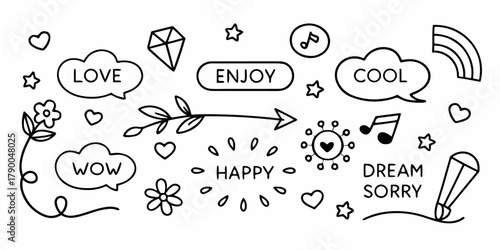 Playful hand-drawn doodle set featuring speech bubbles, words, hearts, stars, sun icons, music notes, arrows, and decorative line art. Minimal black-and-white vector illustration for creative design.
