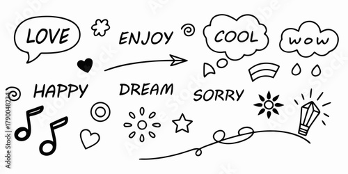 Playful hand-drawn doodle set featuring speech bubbles, words, hearts, stars, sun icons, music notes, arrows, and decorative line art. Minimal black-and-white vector illustration for creative design.