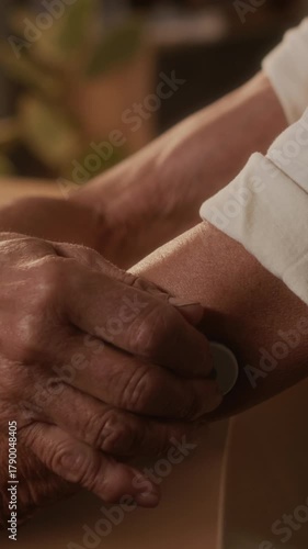 Vertical close-up of hand of unrecognizable elderly female patient with autoimmune diabetes touching and adjusting adhesive glucose sensor on upper arm while reading book
