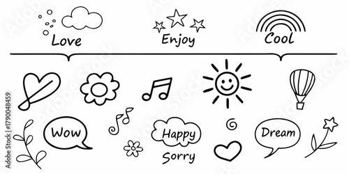 Playful hand-drawn doodle set featuring speech bubbles, words, hearts, stars, sun icons, music notes, arrows, and decorative line art. Minimal black-and-white vector illustration for creative design.